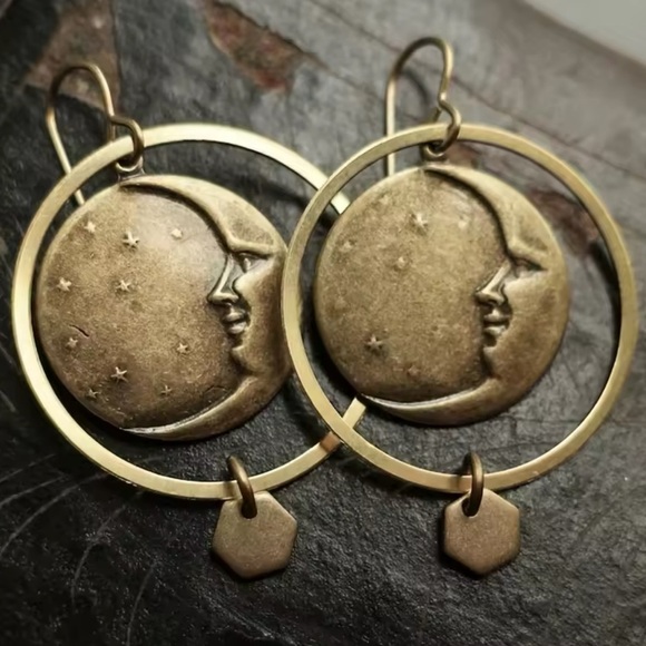 Anthropologie Jewelry - Gothic Vintage Ethnic Bronze Brushed Moon Hollow Round Earring